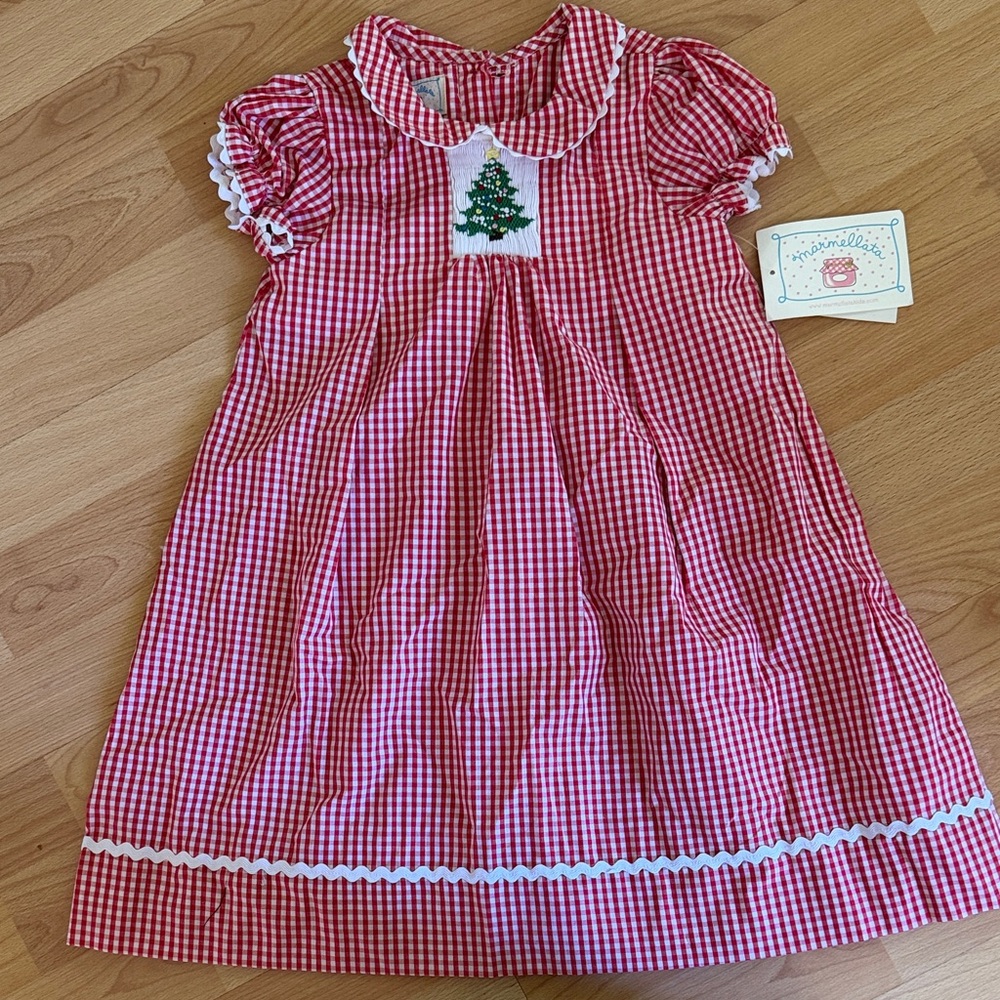 Pastourelle Red Gingham Dress with Christmas Tree Embroidery